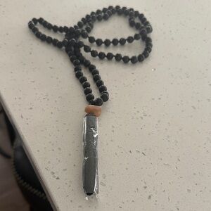 Black Beaded Necklace with Silver Pendant